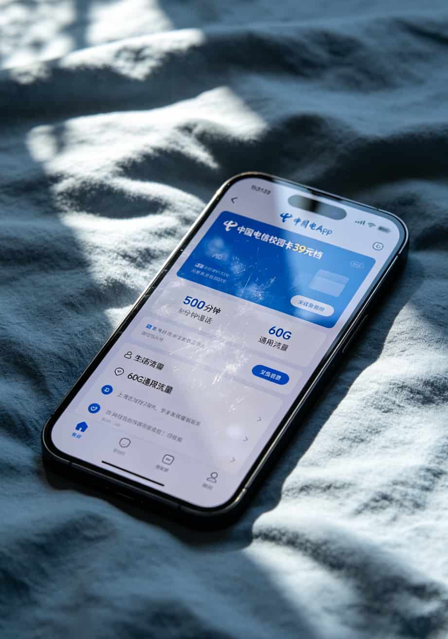 中国电信校园卡到底值不值?我帮你算了三年账,答案有点意外 中国电信校园卡39元档套餐详情截图,显示500分钟通话和60G流量