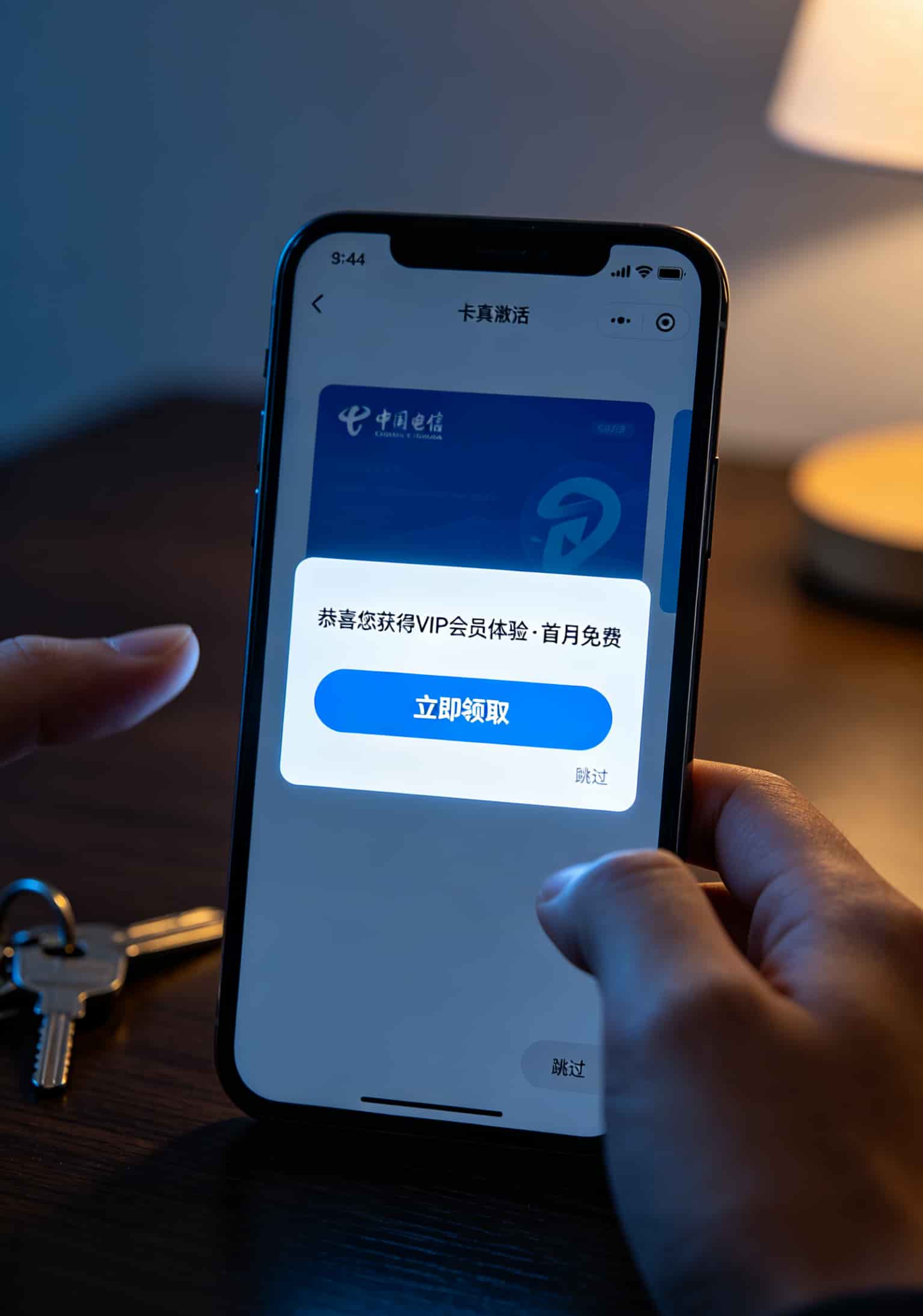 电信流量卡号码别再瞎买了!我折腾四回亏了720块,这些坑你跳过算我输 手机激活页面截图,显示一个弹窗推荐视频会员,确认按钮很大,跳过按钮很小