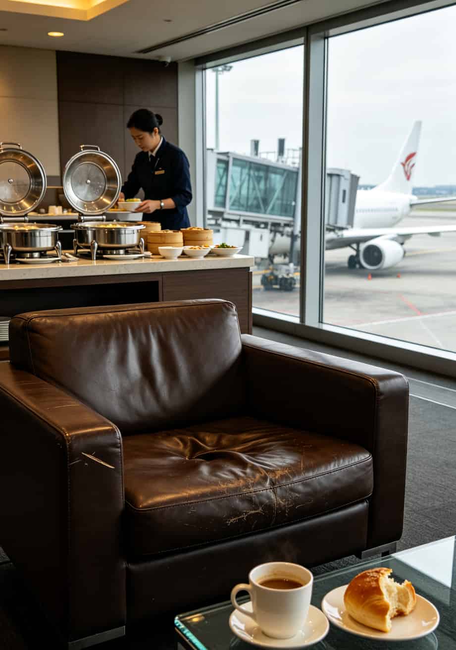 机场贵宾厅休息室，真皮沙发和免费餐食区域