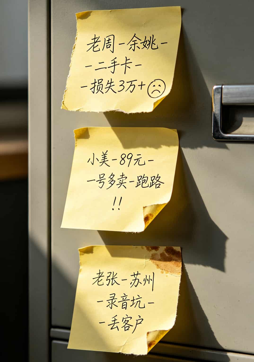 做了8年电销卡咨询,我劝你:电信的流量卡电话别乱买,先看这篇 三张便利贴手写三个案例关键词“老周-二手卡”“小美-一号多卖”“老张-录音坑”