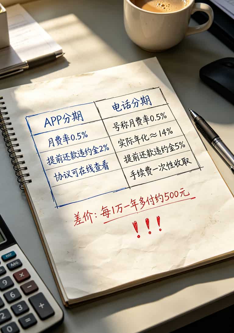 黑龙江电信用户血泪提醒:信用卡电销分期的5个隐形坑,我交了三年学费才看懂 一张对比表格,左侧写APP分期费率0.5%,右侧写电话分期隐藏成本