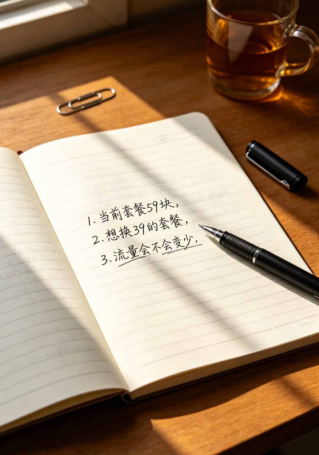 打了8年电话才搞懂:中国电信人工服务号码是多少?这3招转人工最快 桌面上摊开的笔记本,手写着要问客服的三个问题
