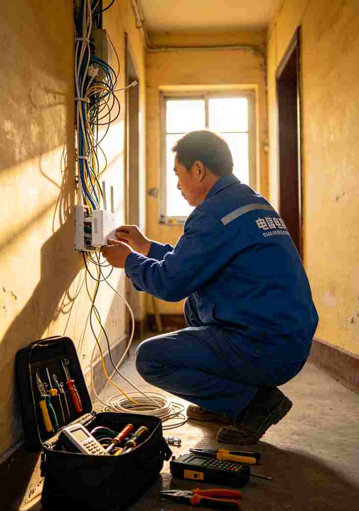 宽带师傅正在墙边安装光猫，工具包放在地上