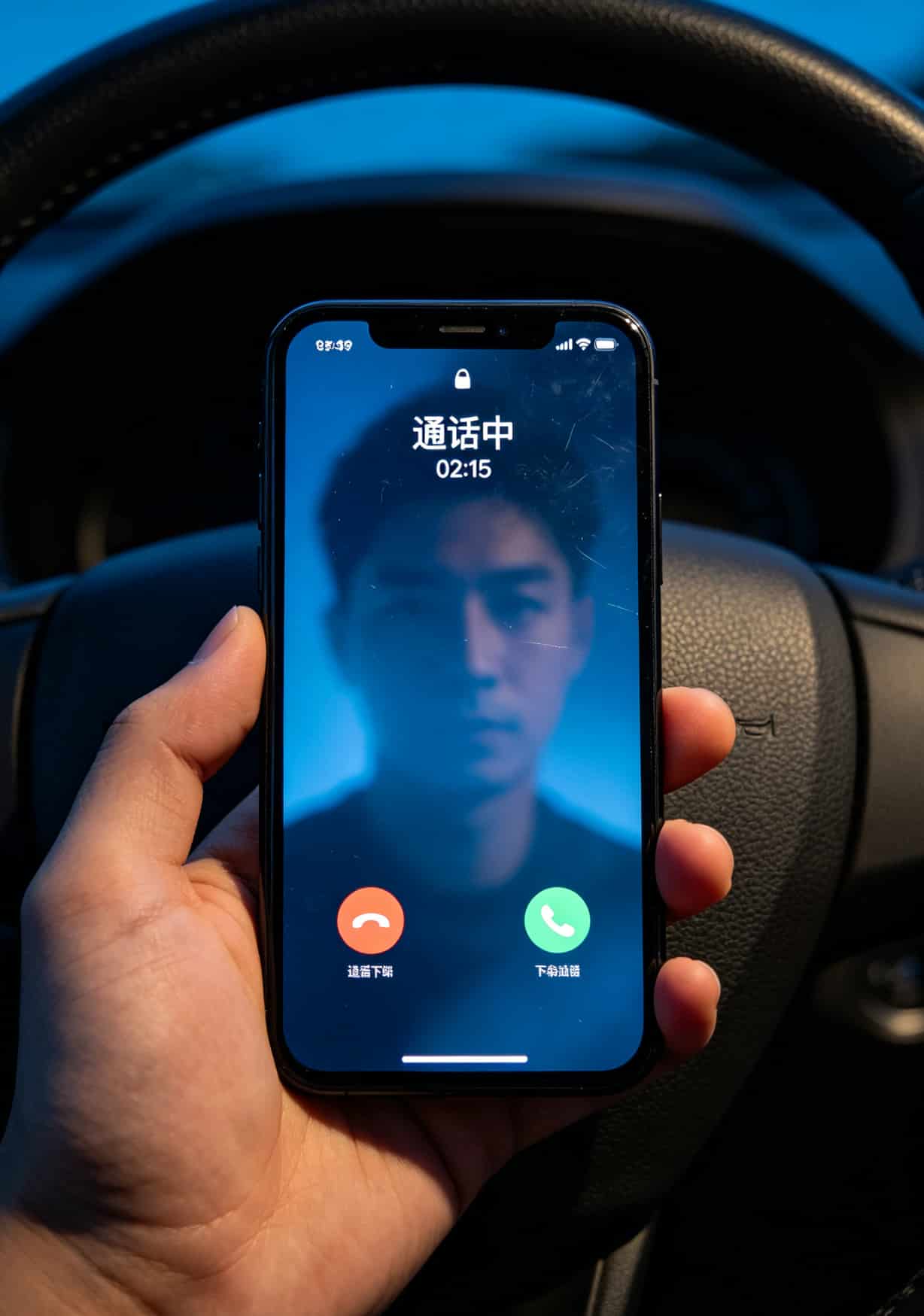 通话中的手机屏幕，显示正在与客户通话，时长显示02:15