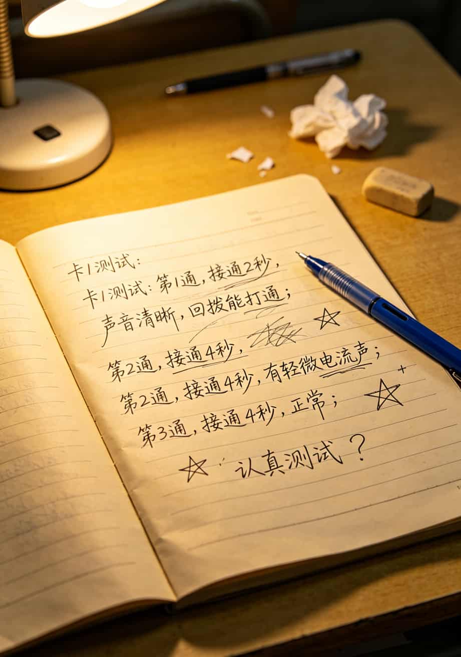 打了10年电话,今天告诉你电信的号码是多少,别再被电销卡坑得连工资都搭进去 测试通话质量时记录的笔记本页面