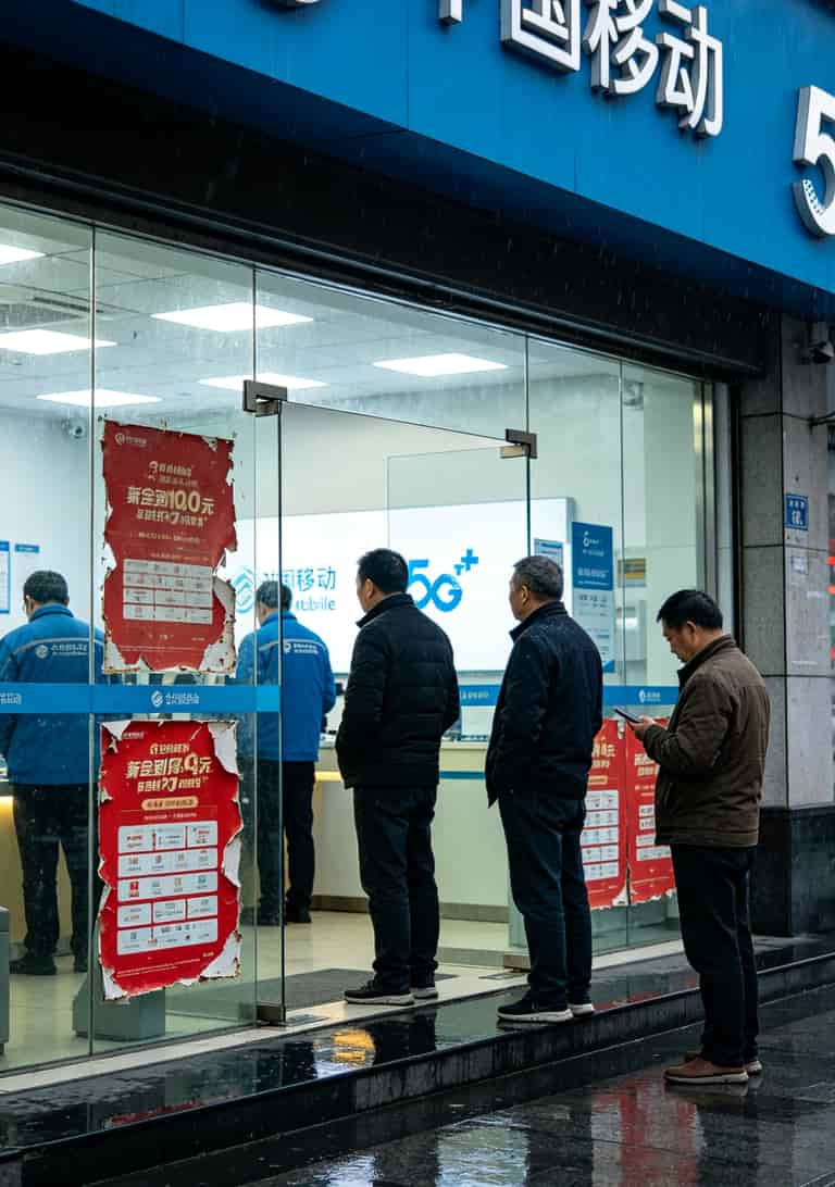 2026实测跑断腿:这3张便宜大额流量卡,月租19元起才是真香 中国移动营业厅门口排队的人群,玻璃门上贴着套餐海报