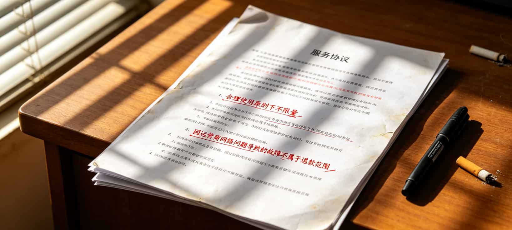 移动联通电信哪个信号好?做了十年电销,我的答案跟你想的不一样 合同条款截图,重点标注“合理使用原则”和“网络故障免责”