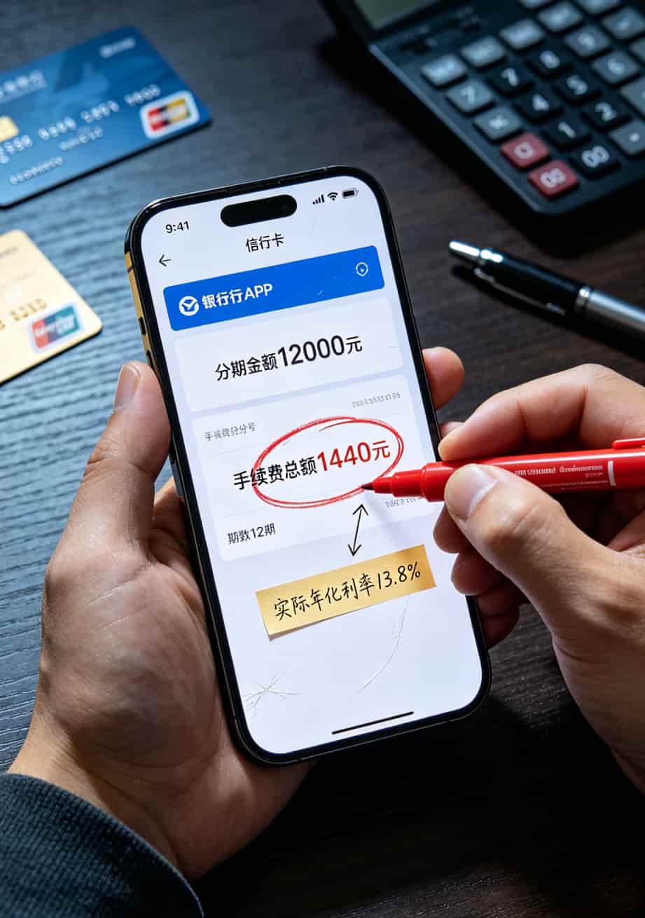 黑龙江电信用户血泪提醒:信用卡电销分期的5个隐形坑,我交了三年学费才看懂 手机屏幕显示信用卡账单分期页面,红色圈出手续费金额