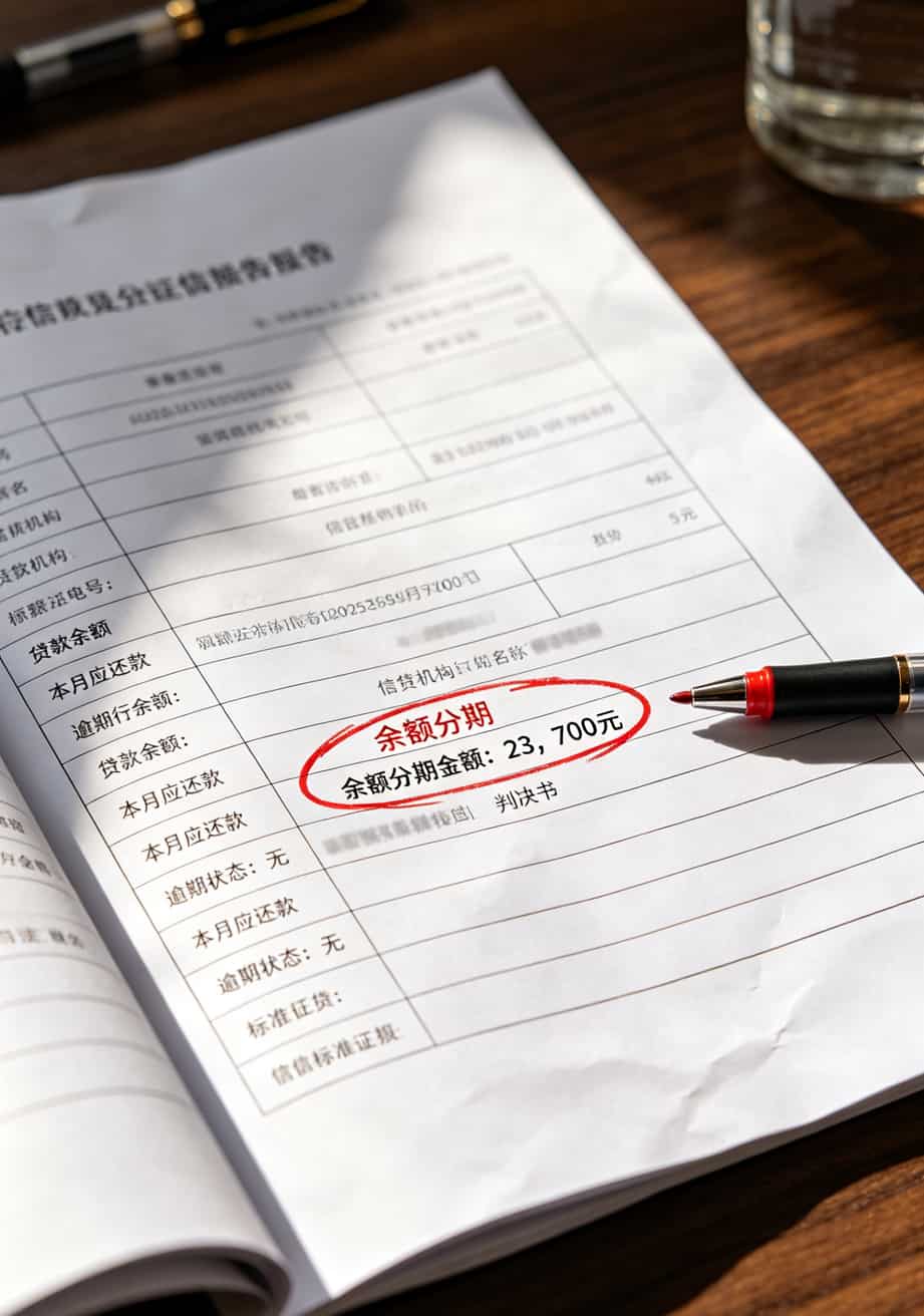 电信天翼云用户实测:信用卡办卡提额与分期电话反套路指南(附10个真实踩坑案例) 征信报告局部截图,显示“余额分期”记录