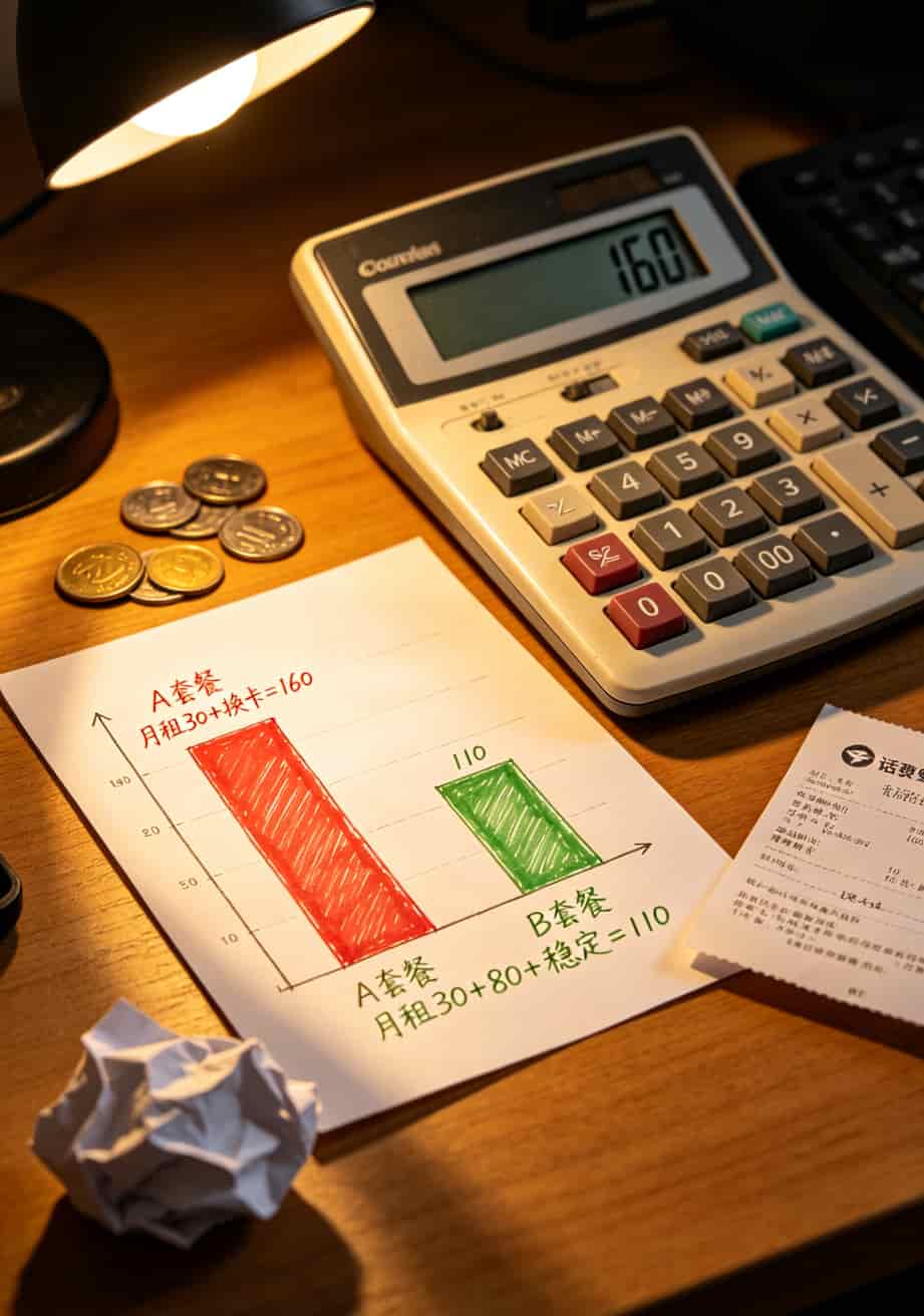 大唐电信最新消息:电销卡老被封?这套野路子让我从月封8张降到2张 计算器界面和两张套餐的费用对比条形图,红色标注A套餐更高