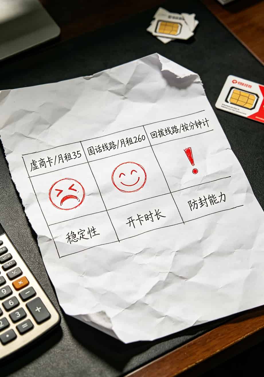 大唐电信最新消息:电销卡老被封?这套野路子让我从月封8张降到2张 三种电销线路对比表格,标注价格、稳定性、开卡时长