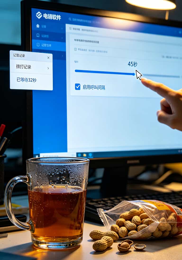 电销卡别再交智商税了!打爆电信人工服务电话号码也救不了你,看这篇就够了 电销系统设置界面,拨打间隔设为45秒的截图