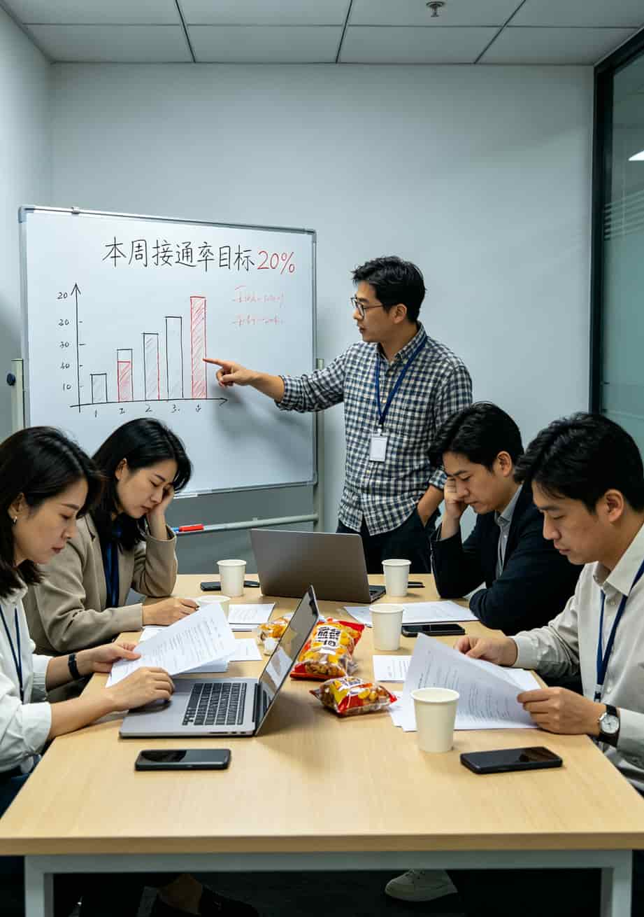 打了6年电销,换了十几张卡,电信人工台号码是多少我真没打过几次 电销团队开会讨论业绩的场景