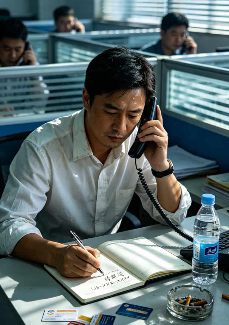 干电销8年,我掏心窝子说一句:电信拆机等于销户吗?别等号码没了才哭 电销人员拿着手机和笔记本在办公桌前打电话的场景