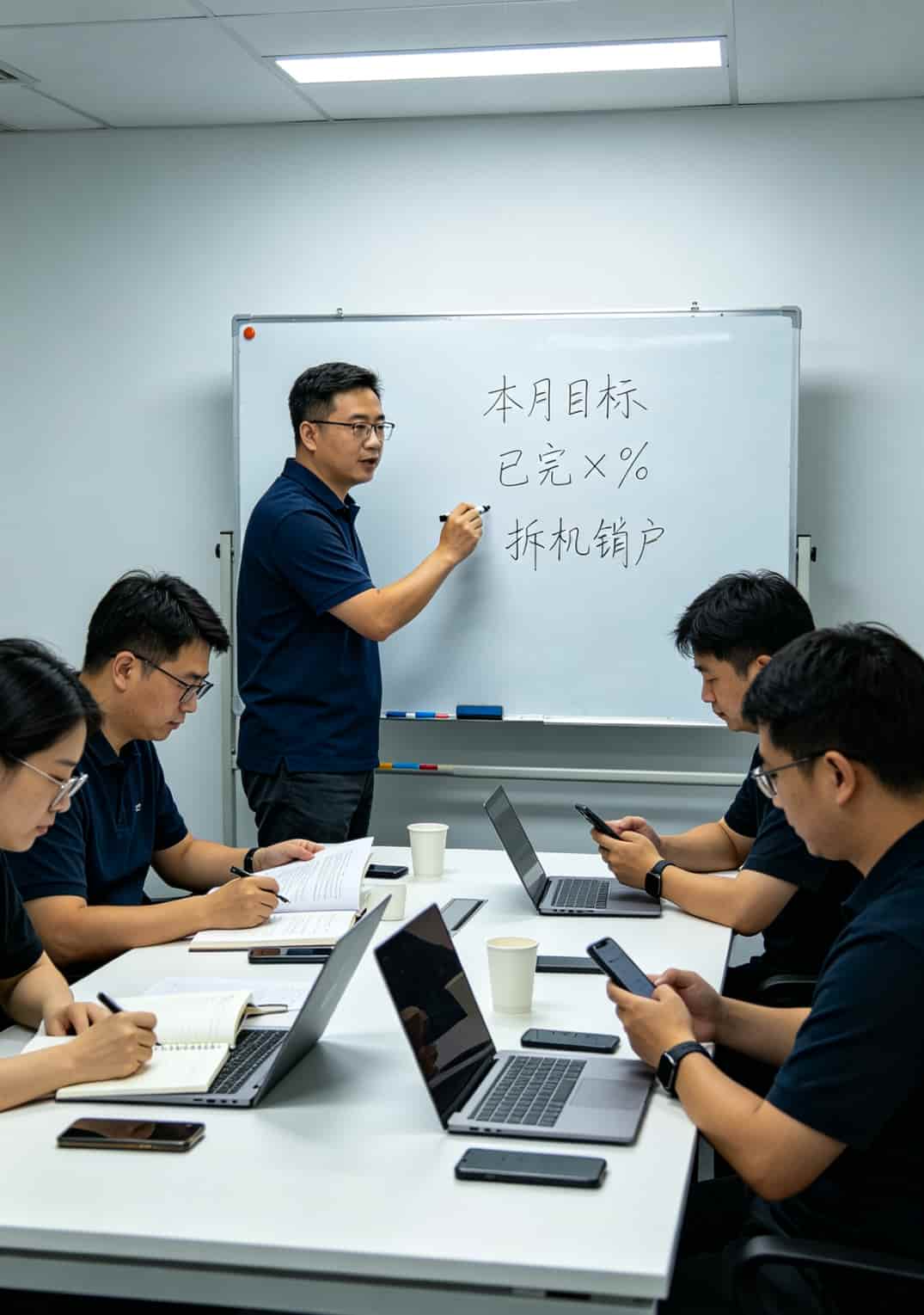干电销8年,我掏心窝子说一句:电信拆机等于销户吗?别等号码没了才哭 电销团队开会讨论业绩的办公场景