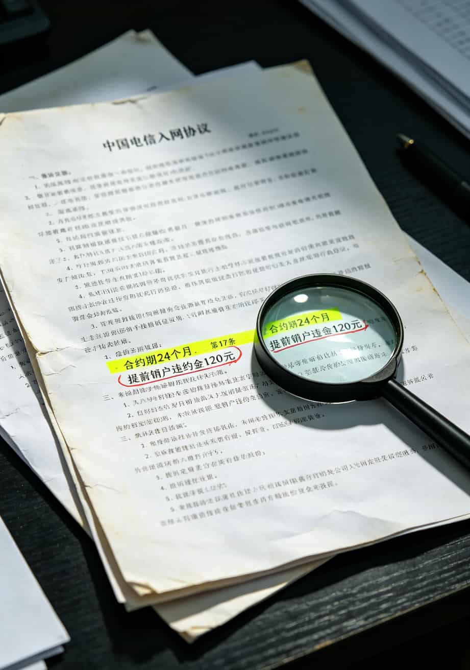 中国电信校园卡到底值不值?我帮你算了三年账,答案有点意外 中国电信校园卡合同条款截图,用小字标注的合约期和违约金条款