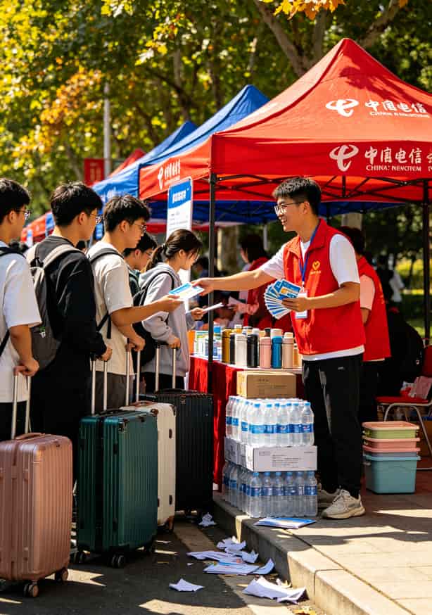 大学校园里学生排队办理电信宽带