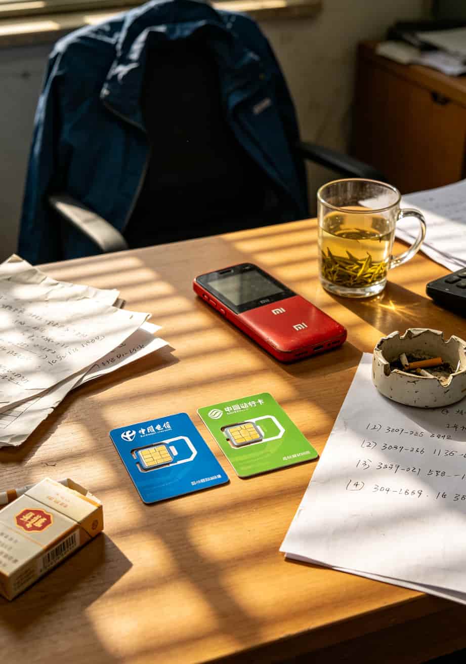 杭州电销老炮说实话:电信和移动的区别搞反了,一年白干三个月 杭州城西银泰办公室内景,桌上摊着电信和移动两张电销卡