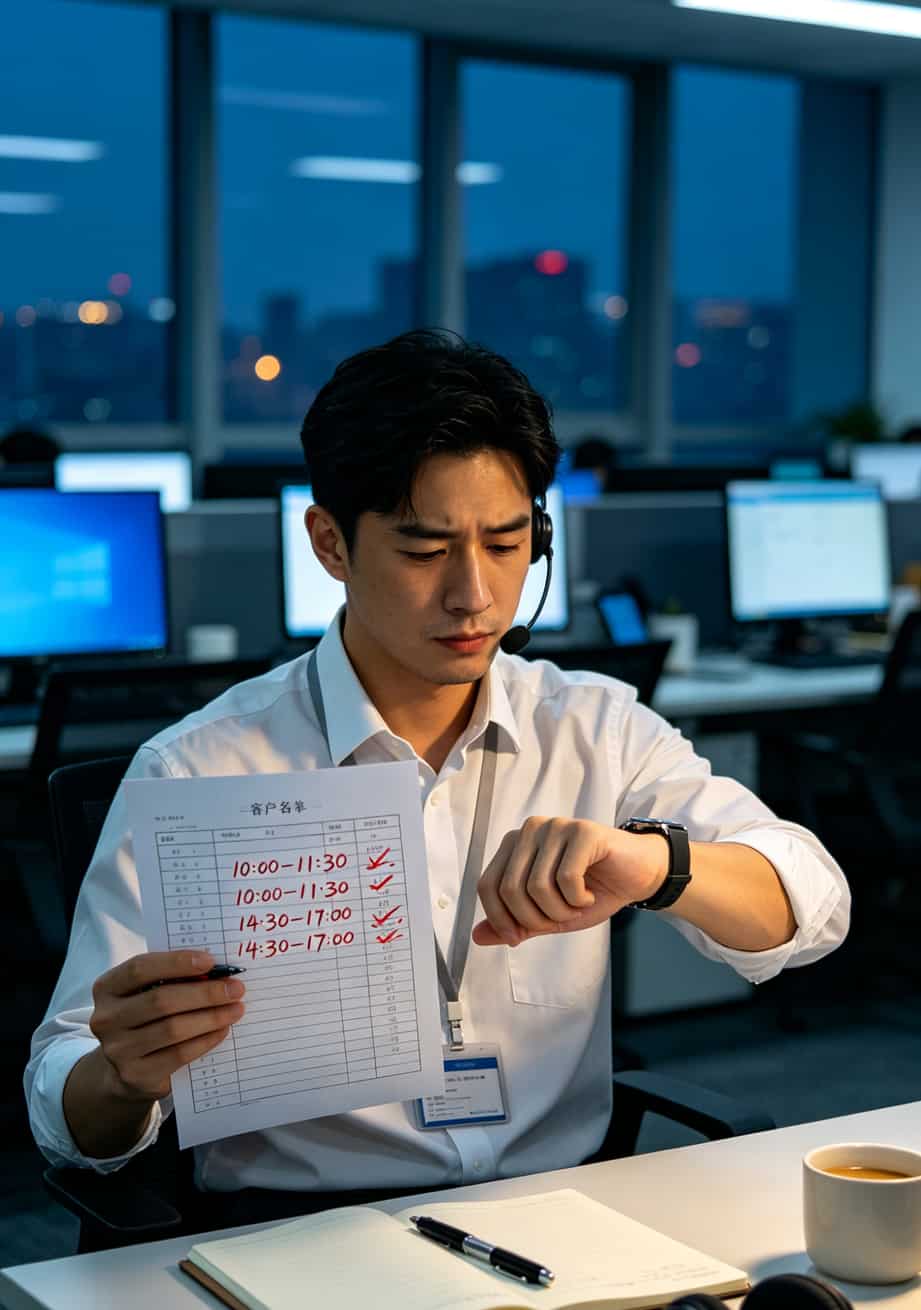 信用卡电销月入2万,我劝你先搞懂“电信营业时间” 信用卡电销人员正在查看电信营业时间表和客户名单
