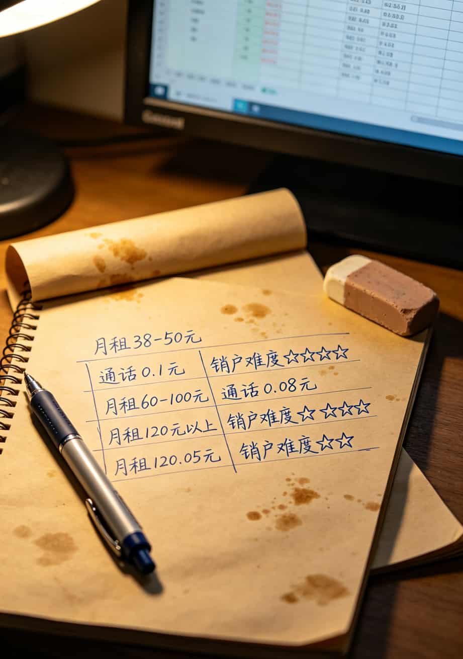 电销卡销户太难?电信招聘官网不会告诉你的4个坑和3个省钱招 不同价位电销卡对比表格,展示月租、通话费、销户难度三项指标