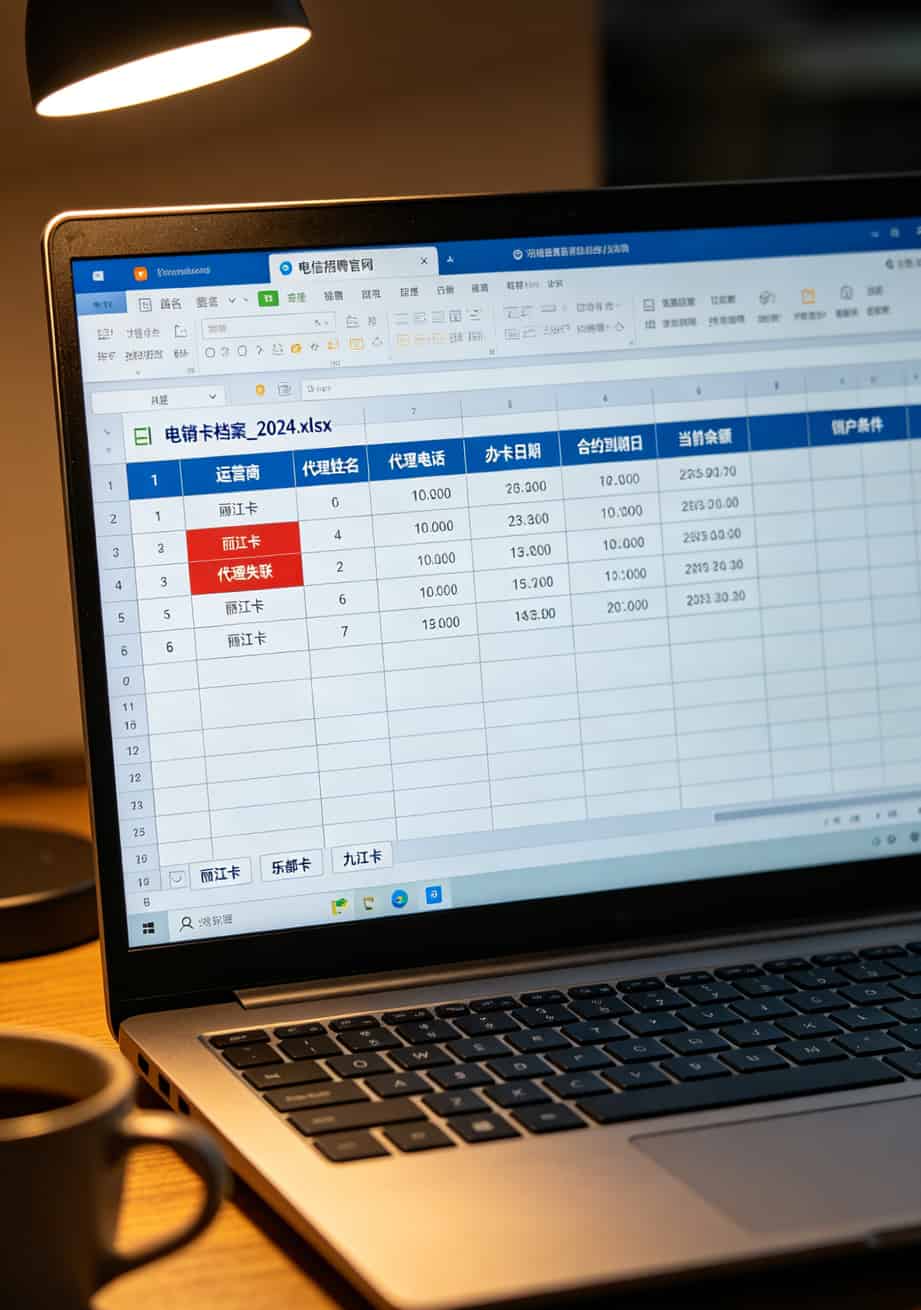 电销卡销户太难?电信招聘官网不会告诉你的4个坑和3个省钱招 Excel电销卡档案表示例,包含运营商、代理、余额、合约期等列