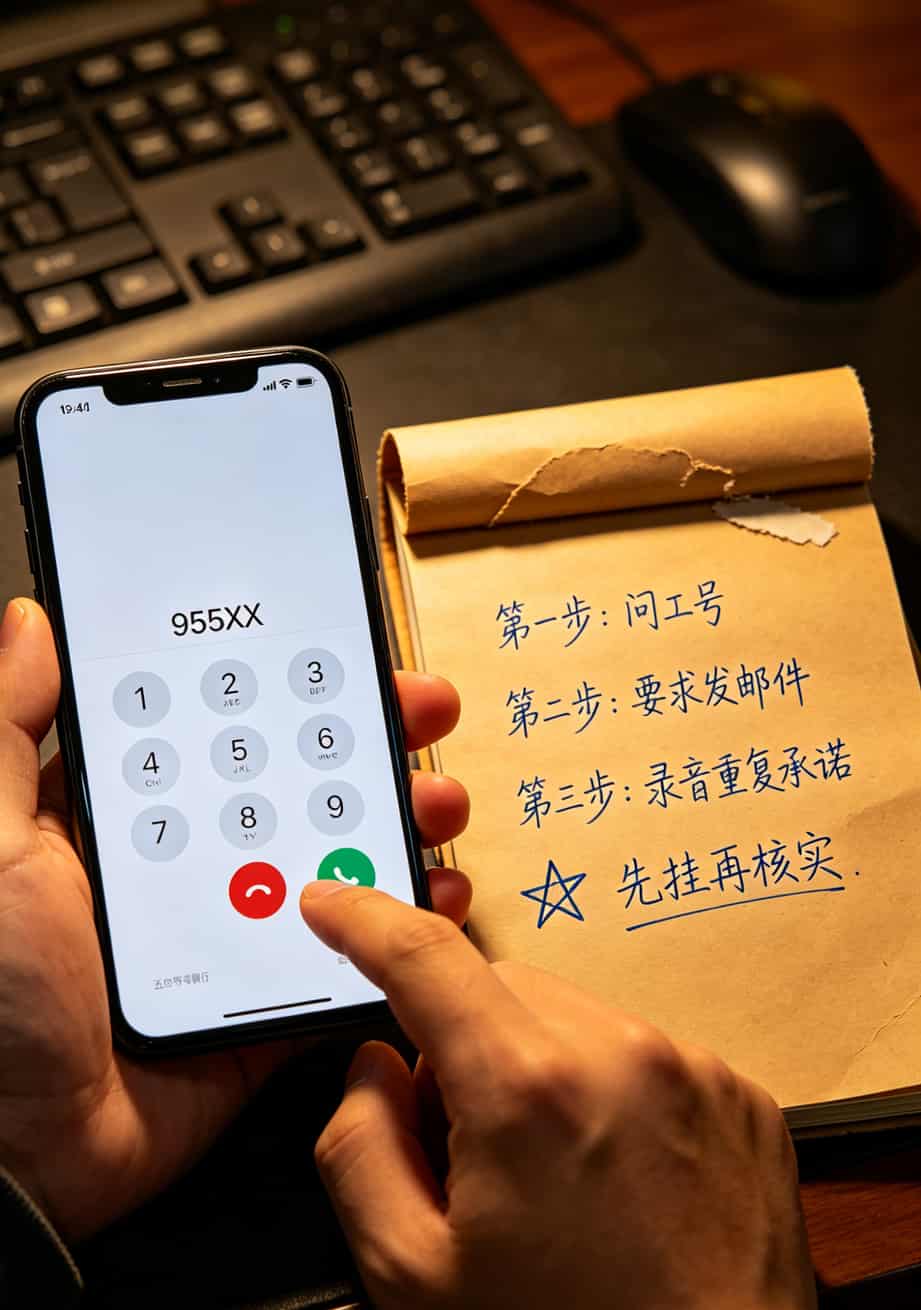 电信转移动?信用卡电话推销的坑,我替你踩了八年才敢写这篇 手机来电界面,显示银行官方客服号码,旁边手写笔记标注“先问工号”