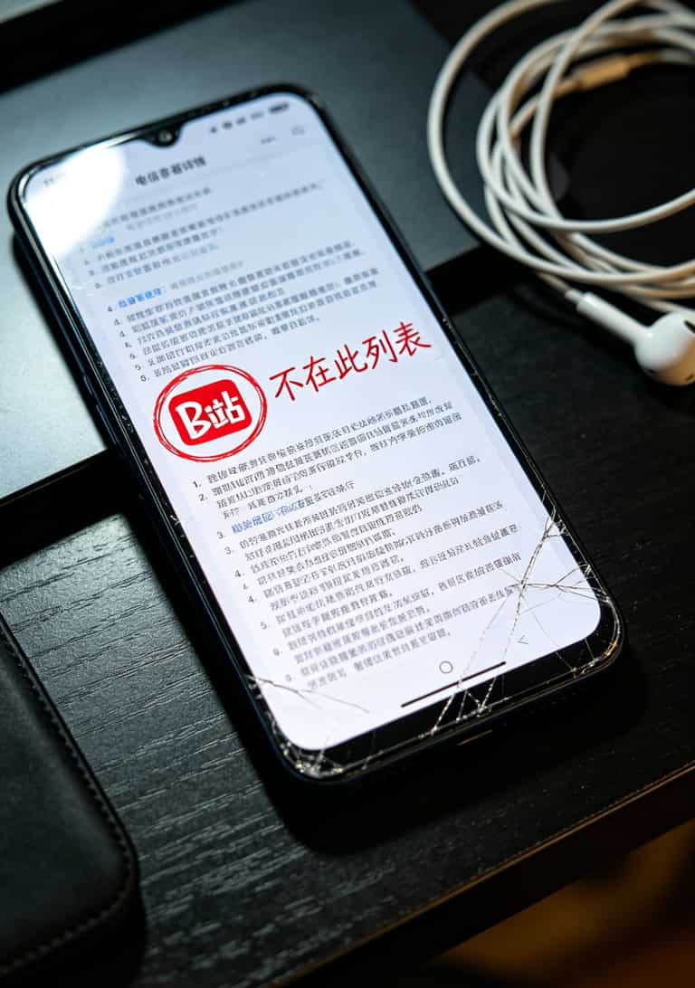 2026实测跑断腿:这3张便宜大额流量卡,月租19元起才是真香 手机截图显示定向免流列表小字放大后依然模糊,用红色圈出B站不在列表中