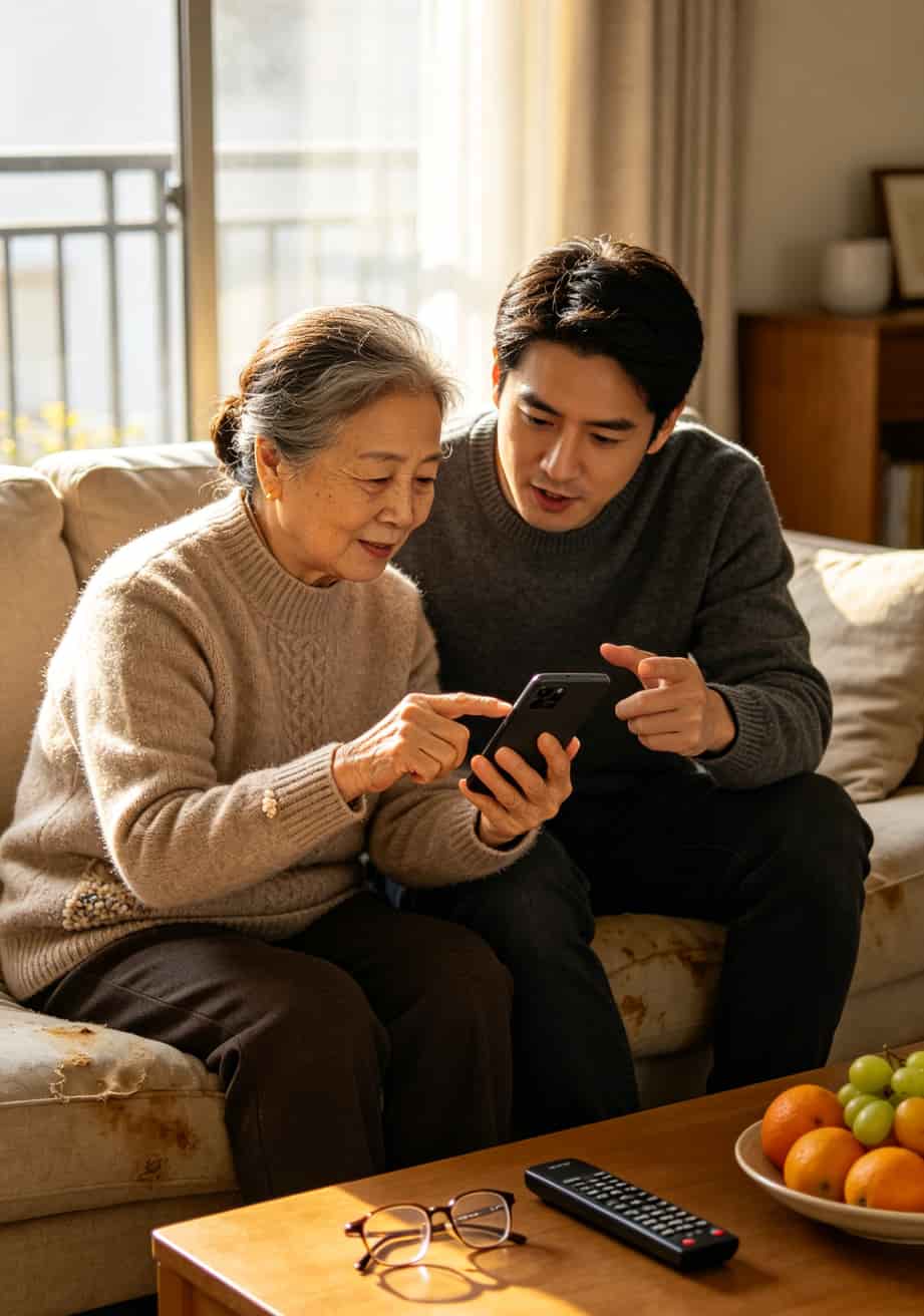 接个电话差点没了三千块?先搞懂**电信客服几点上班**比啥都重要 一位老人和年轻人坐在一起看手机,在讨论什么