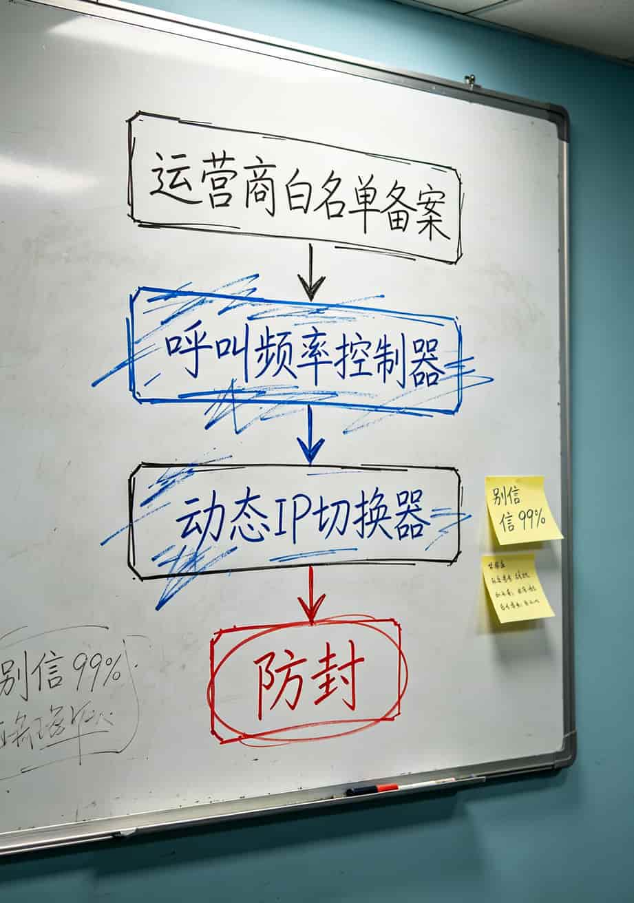 电销卡别再交智商税了!免费下载中国电信APP查授权,能帮你省下几万块 防封技术原理简图,显示白名单、频率控制、IP切换三种方式