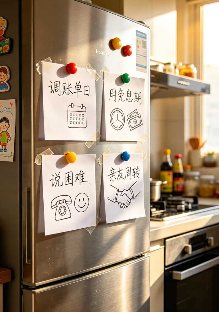 黑龙江电信用户血泪提醒:信用卡电销分期的5个隐形坑,我交了三年学费才看懂 四个选项图标,分别标注调账单日、用免息期、说困难、亲友周转