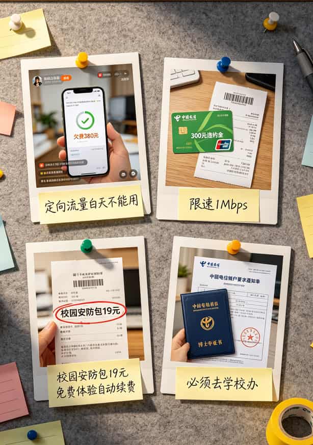 一张中国电信卡用了三年,每月多扣47块!我扒了这些坑,省出一顿火锅 四个踩坑案例的漫画风格总结图,标注陷阱类型