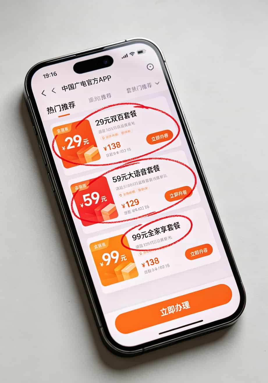 电销卡坑了我两万六,换广电流量卡后才知道自己多傻(附销户避坑) 广电App套餐选择界面截图,圈出三个推荐套餐