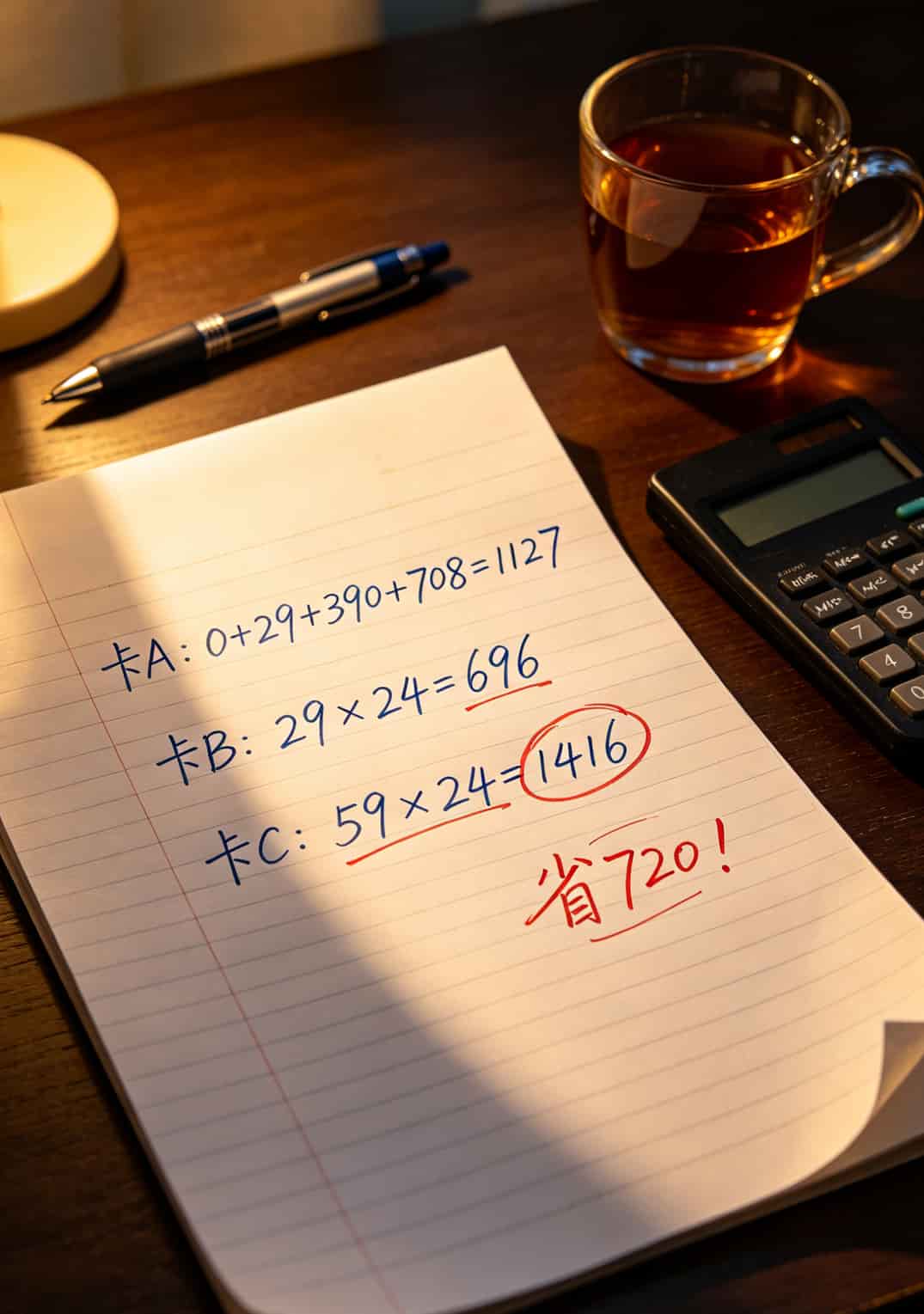 电信流量卡号码别再瞎买了!我折腾四回亏了720块,这些坑你跳过算我输 一张手写计算稿纸,上面写着卡A卡B卡C的两年总成本公式和结果