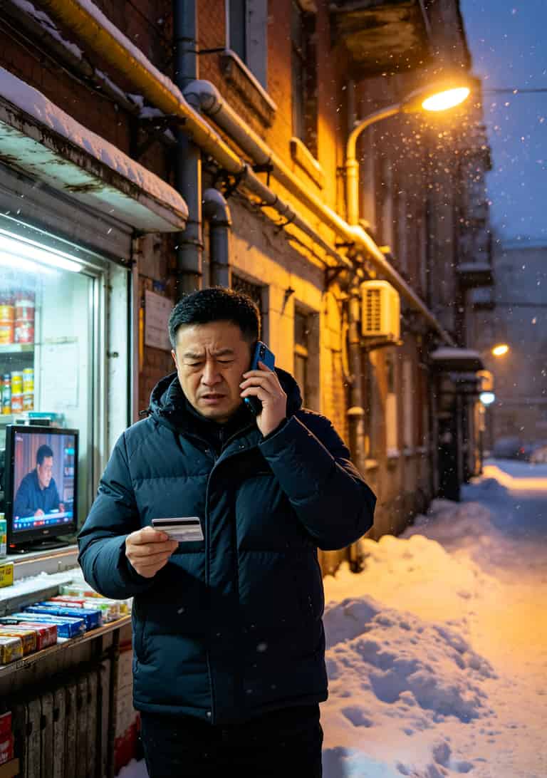 黑龙江电信用户血泪提醒:信用卡电销分期的5个隐形坑,我交了三年学费才看懂 黑龙江哈尔滨城市街道雪景,居民手持信用卡和手机通话