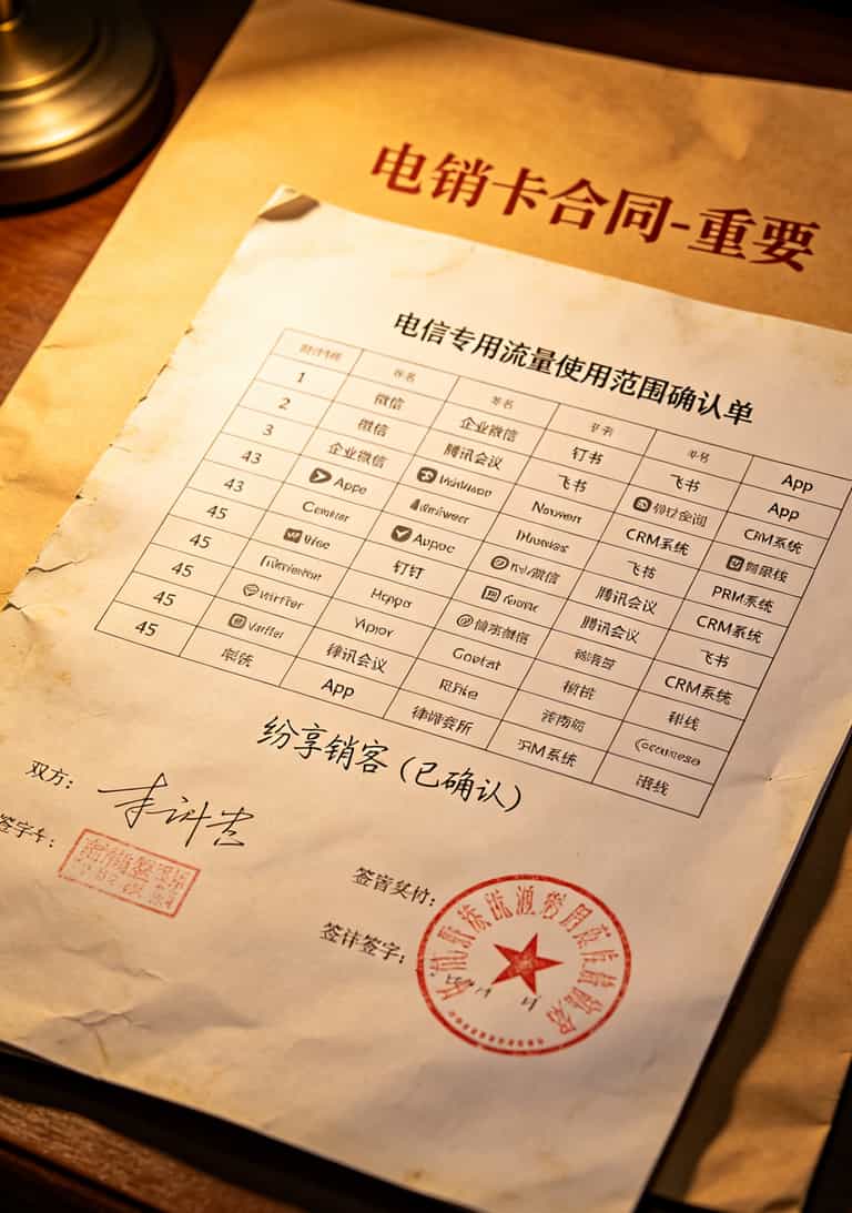 电销卡水太深!看懂“电信专用流量使用范围”,一年少亏一万多 合同附件中流量范围条款的特写照片