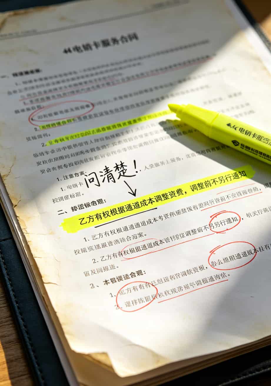 电销卡别乱买!我踩了8年坑,终于在山东电信网上营业厅找到了省钱路子 电销卡合同重点条款标注示例