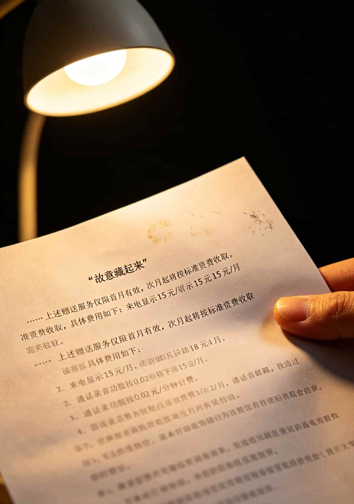 打了10年电话,今天告诉你电信的号码是多少,别再被电销卡坑得连工资都搭进去 合同角落里的灰色小字条款特写