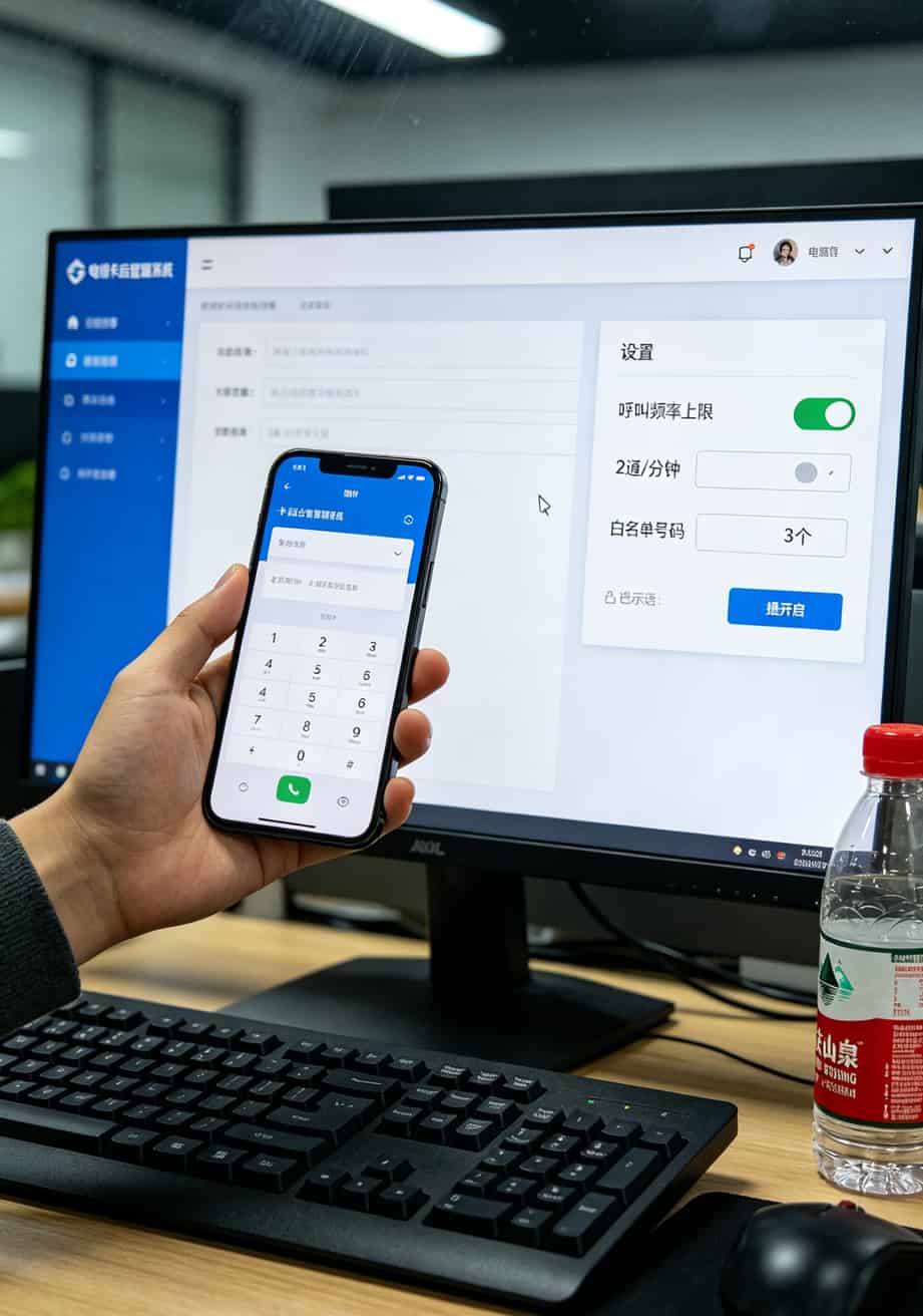 中国电信上班时间几点?别再白跑了!丽江防封电销卡避坑指南(真人血泪版) 手机后台设置页面,显示“呼叫频率上限:2通/分钟”“白名单号码:3个”“提示语已开启”