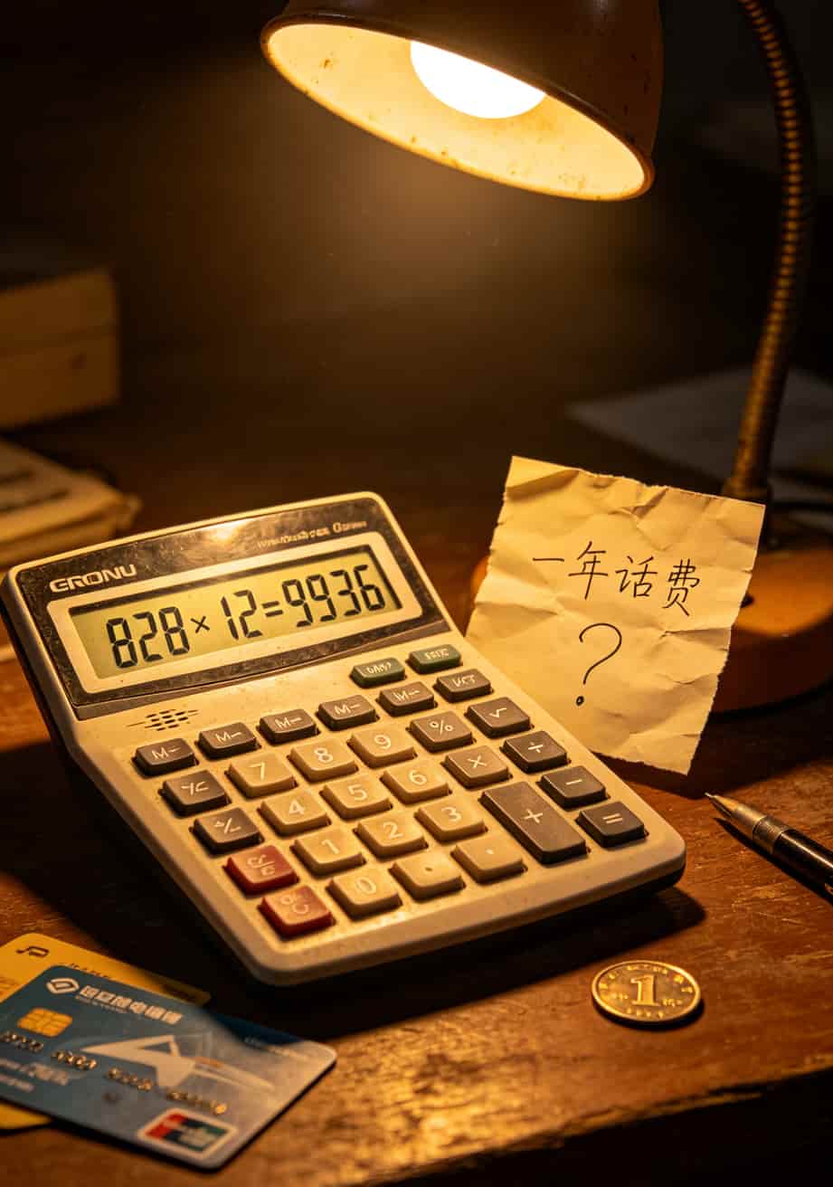 电销卡老换老封?改个**电信apn**,我一张卡用了11个月(附手把手设置) 计算器屏幕,显示828×12=9936,旁边手写“一年话费”