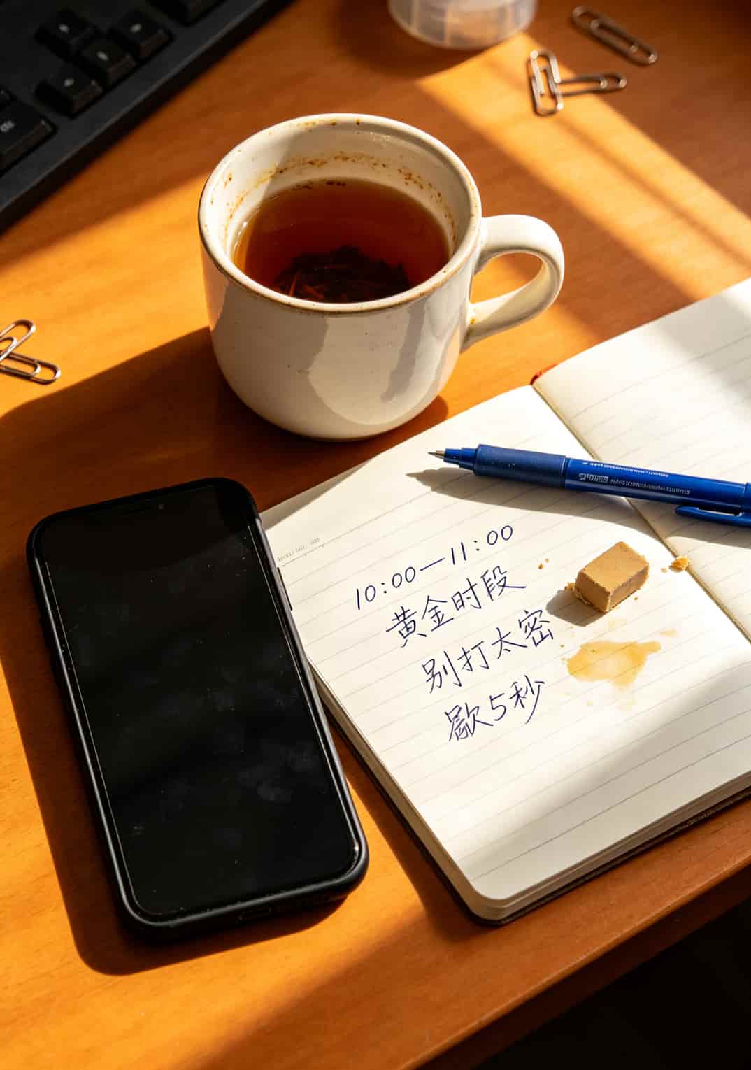 中国电信上班时间几点?别再白跑了!丽江防封电销卡避坑指南(真人血泪版) 办公桌上放着一部手机、一杯茶和一个笔记本,笔记本上写着“10:00-11:00 黄金时段”