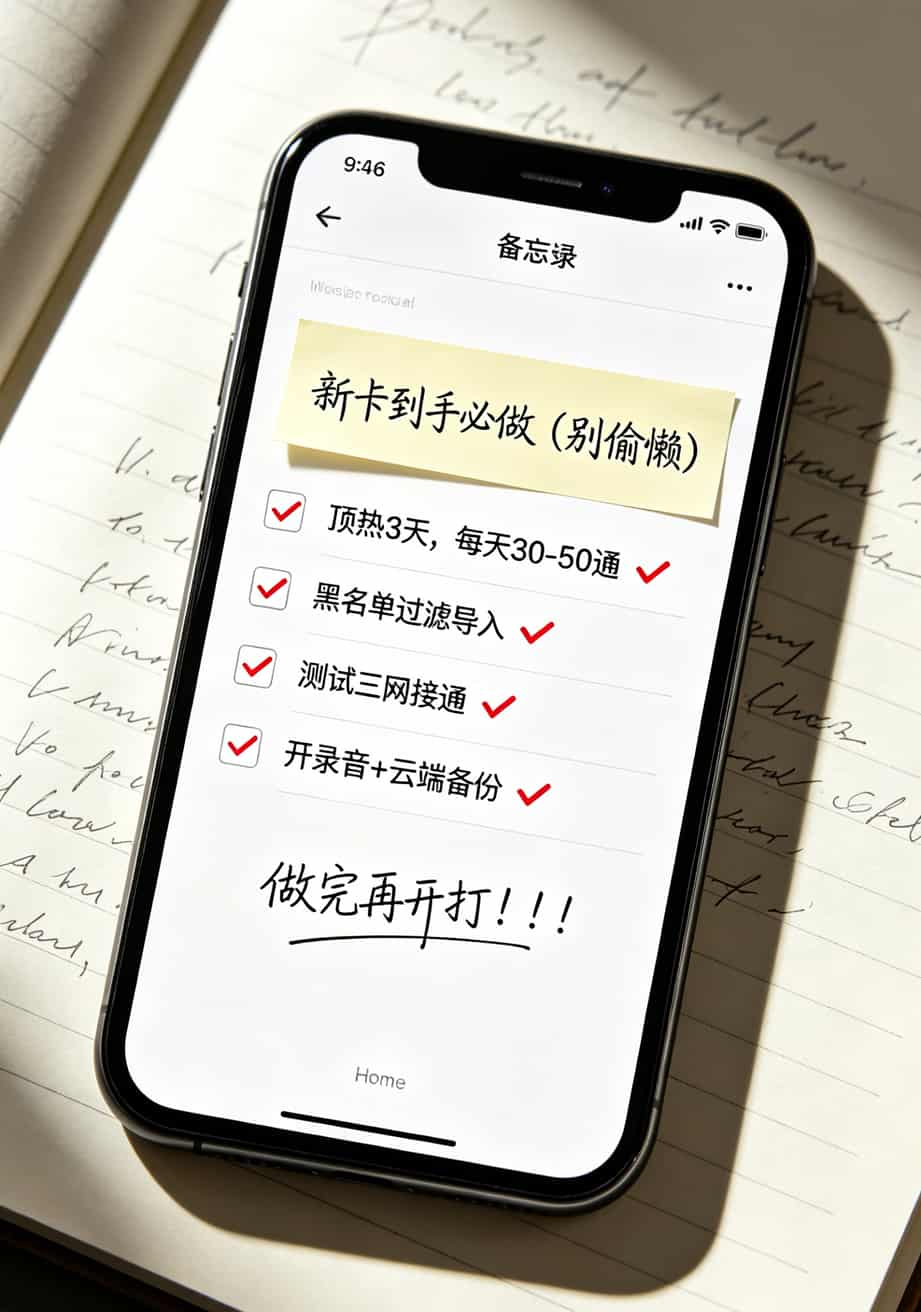 做了8年电销卡咨询,我劝你:电信的流量卡电话别乱买,先看这篇 手机便签截图,四项待办前面都打了勾,标注“做完再开打”
