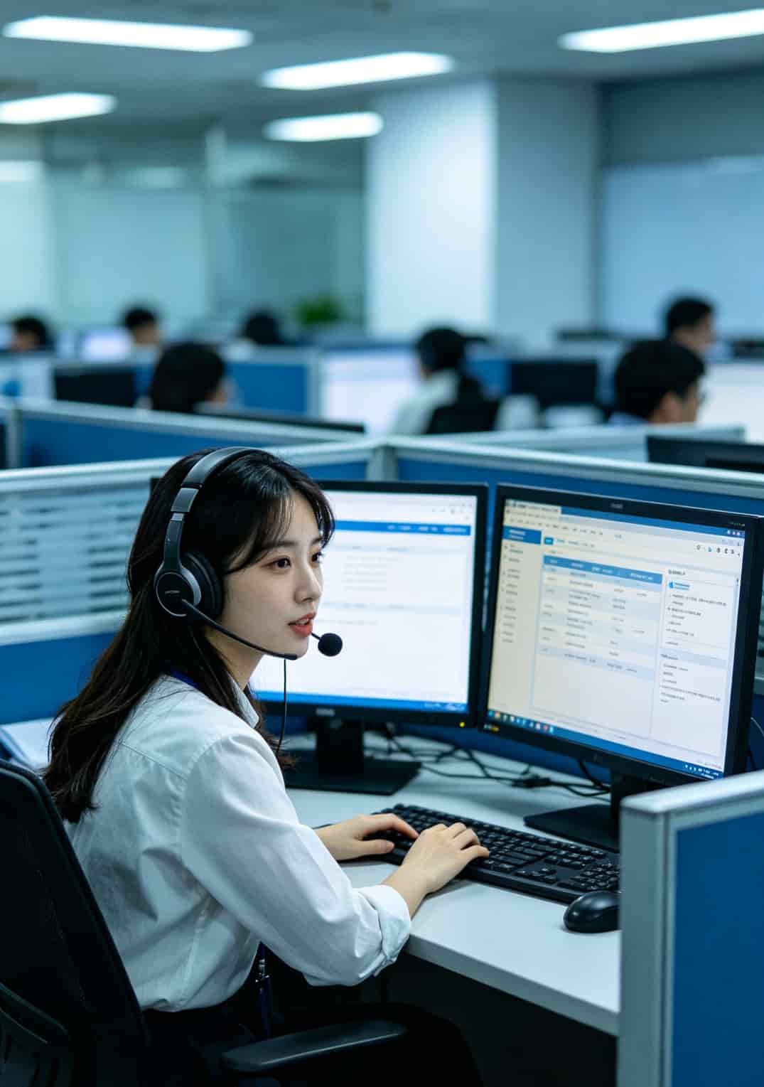 打了8年电话才搞懂:中国电信人工服务号码是多少?这3招转人工最快 客服工位场景,戴着耳机的客服人员正在接听电话