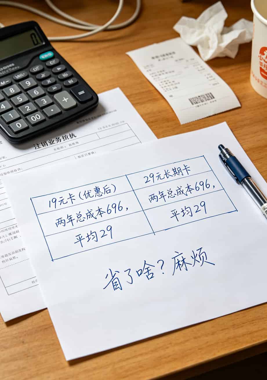 一张中国电信卡用了三年,每月多扣47块!我扒了这些坑,省出一顿火锅 两年话费成本计算表格,对比19元卡与29元长期套餐