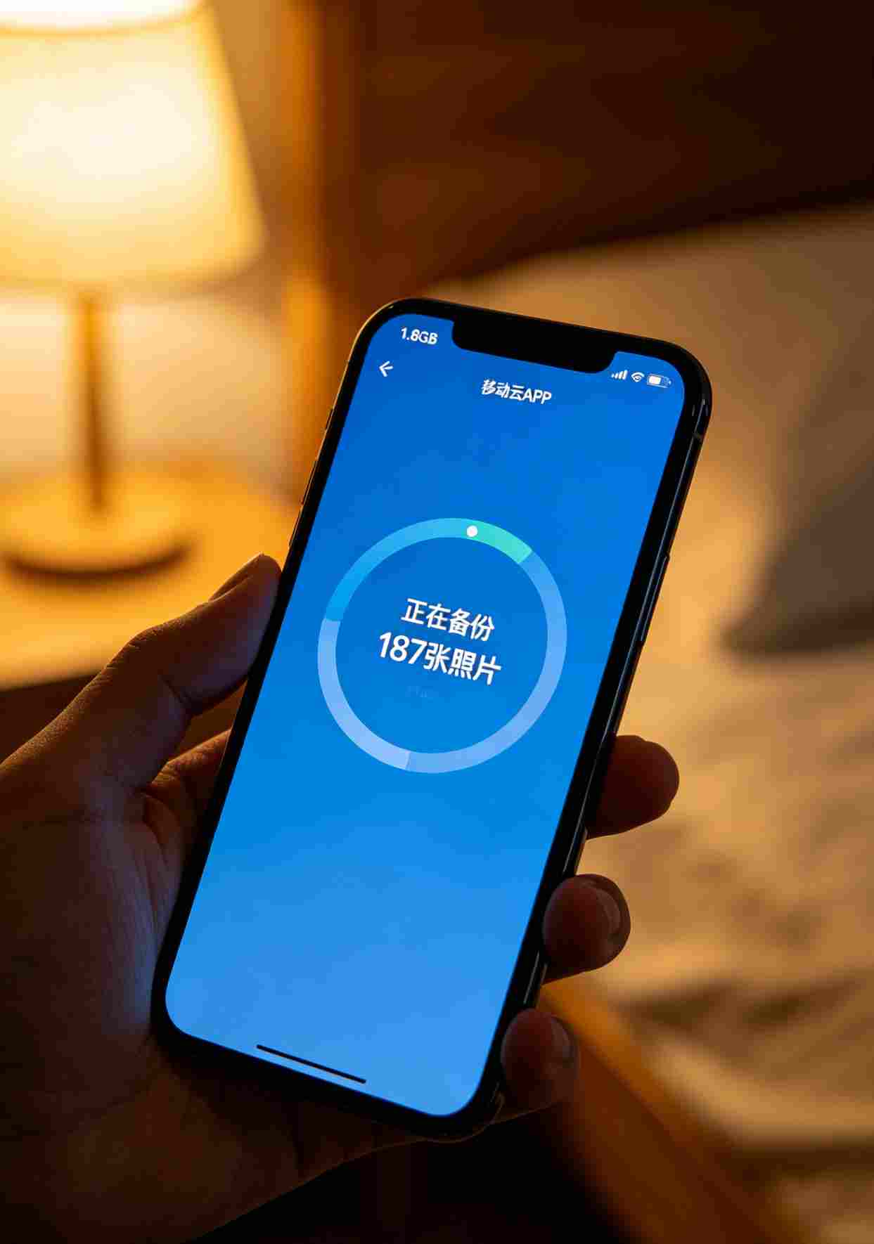 手机屏幕显示移动云正在备份照片，流量消耗1.8GB