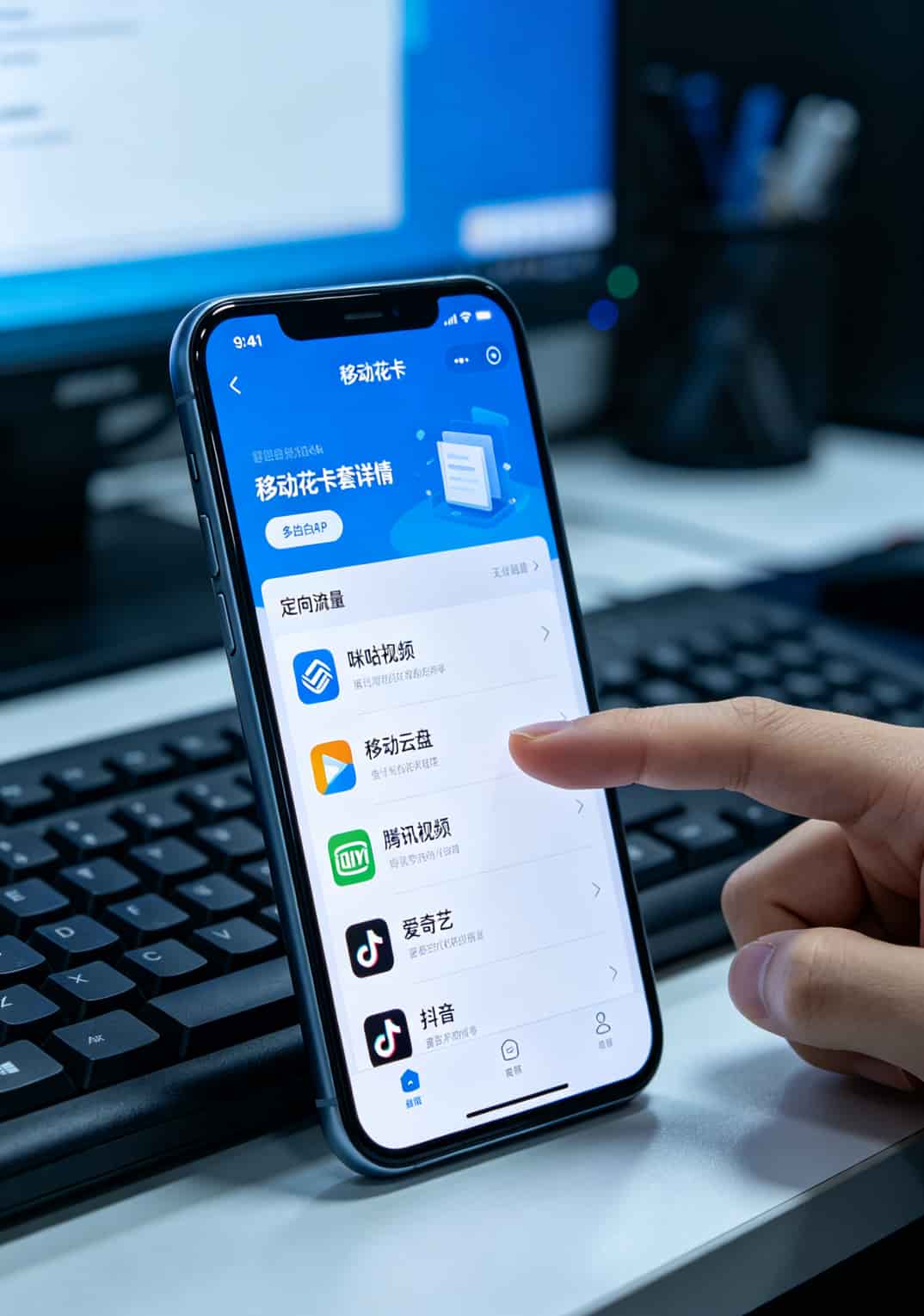 移动花卡套餐详情页，定向流量APP列表截图