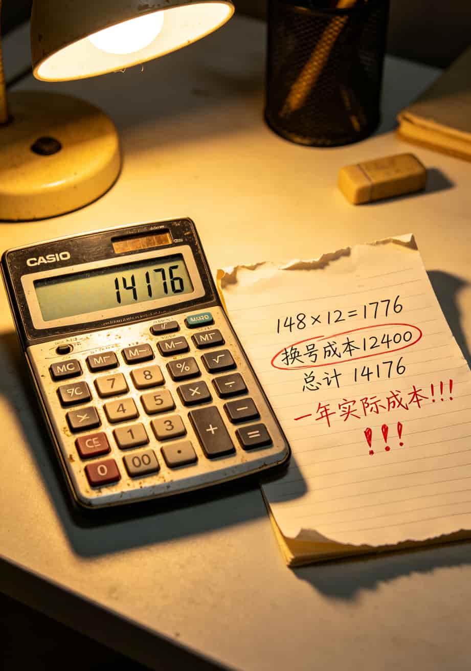 做了8年电销卡咨询,我劝你:电信的流量卡电话别乱买,先看这篇 计算器上显示1776+12400≈14176,手写标注“一年实际成本”