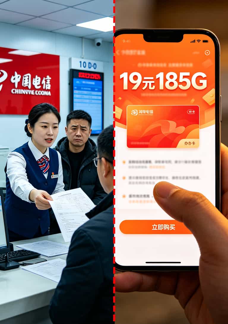 一张中国电信卡用了三年,每月多扣47块!我扒了这些坑,省出一顿火锅 线下营业厅与线上办卡流程对比,标注风险点