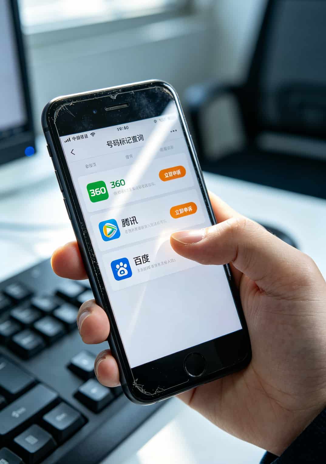 电销卡别再交智商税了!打爆电信人工服务电话号码也救不了你,看这篇就够了 号码标记查询平台界面,显示360、腾讯、百度等申诉入口