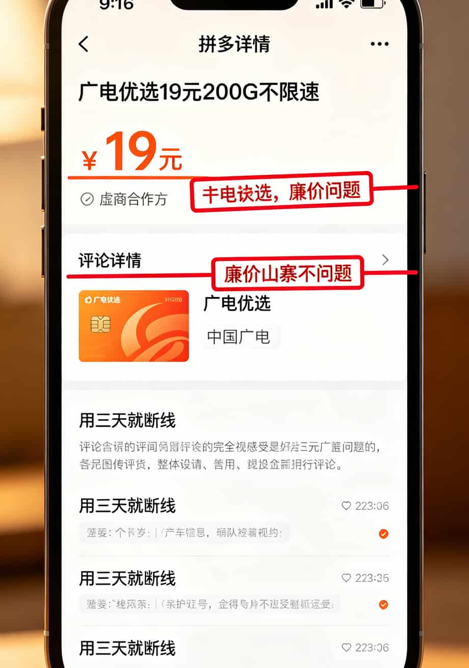 电销卡坑了我两万六,换广电流量卡后才知道自己多傻(附销户避坑) 拼多多上虚假广电卡的页面截图,红圈标出“广电优选”字样