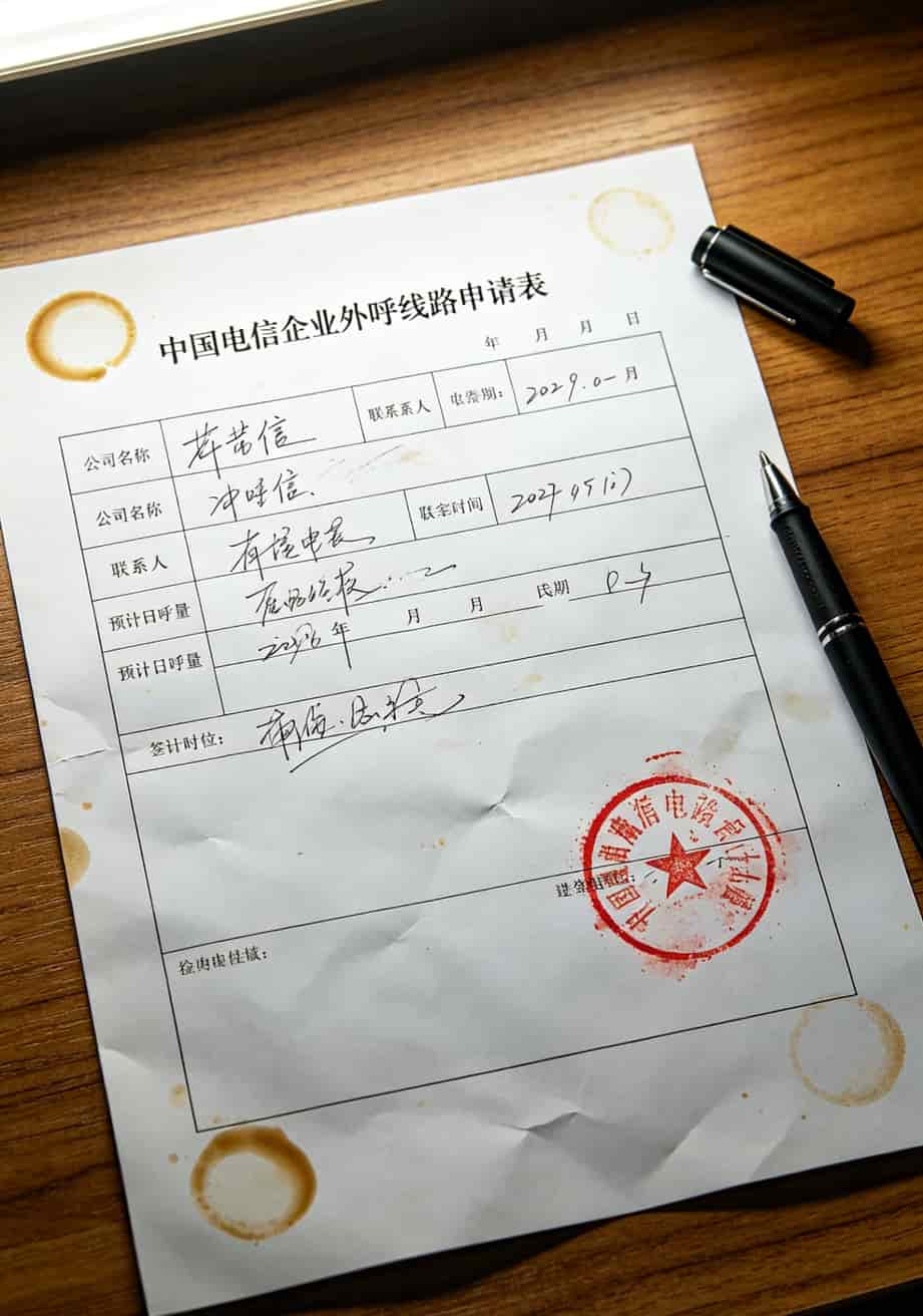 打了三年电销电话,我把11张卡全掰了(武汉电信客服电话也救不了你) 企业专线申请表格,上面盖着公章和签字